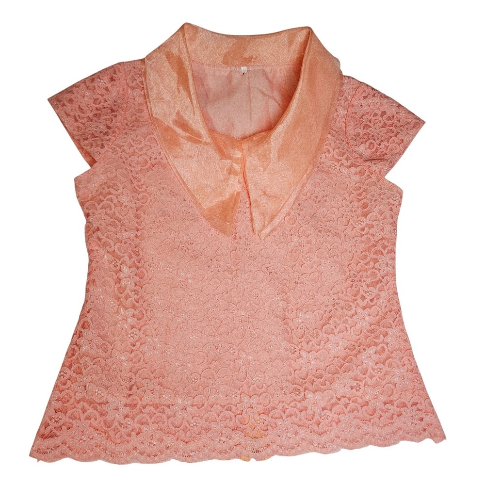 Pastel‎ Peach Lace Organza Collar Blouse M Vintage Coquette Regencycore Dollette